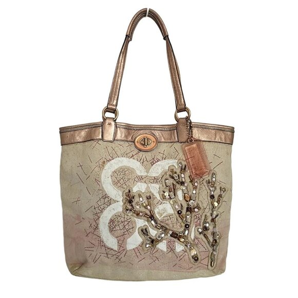 Auth COACH - 17031 Beige Pink Multi Canvas Leather Tote Bag - Picture 1 of 10